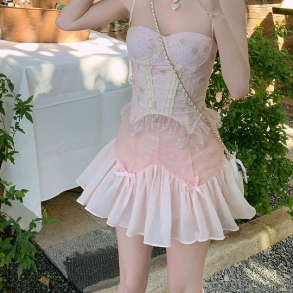 Japanese Kawaii Pastel Pink Chiffon Ribbon Bow Mini Skirt